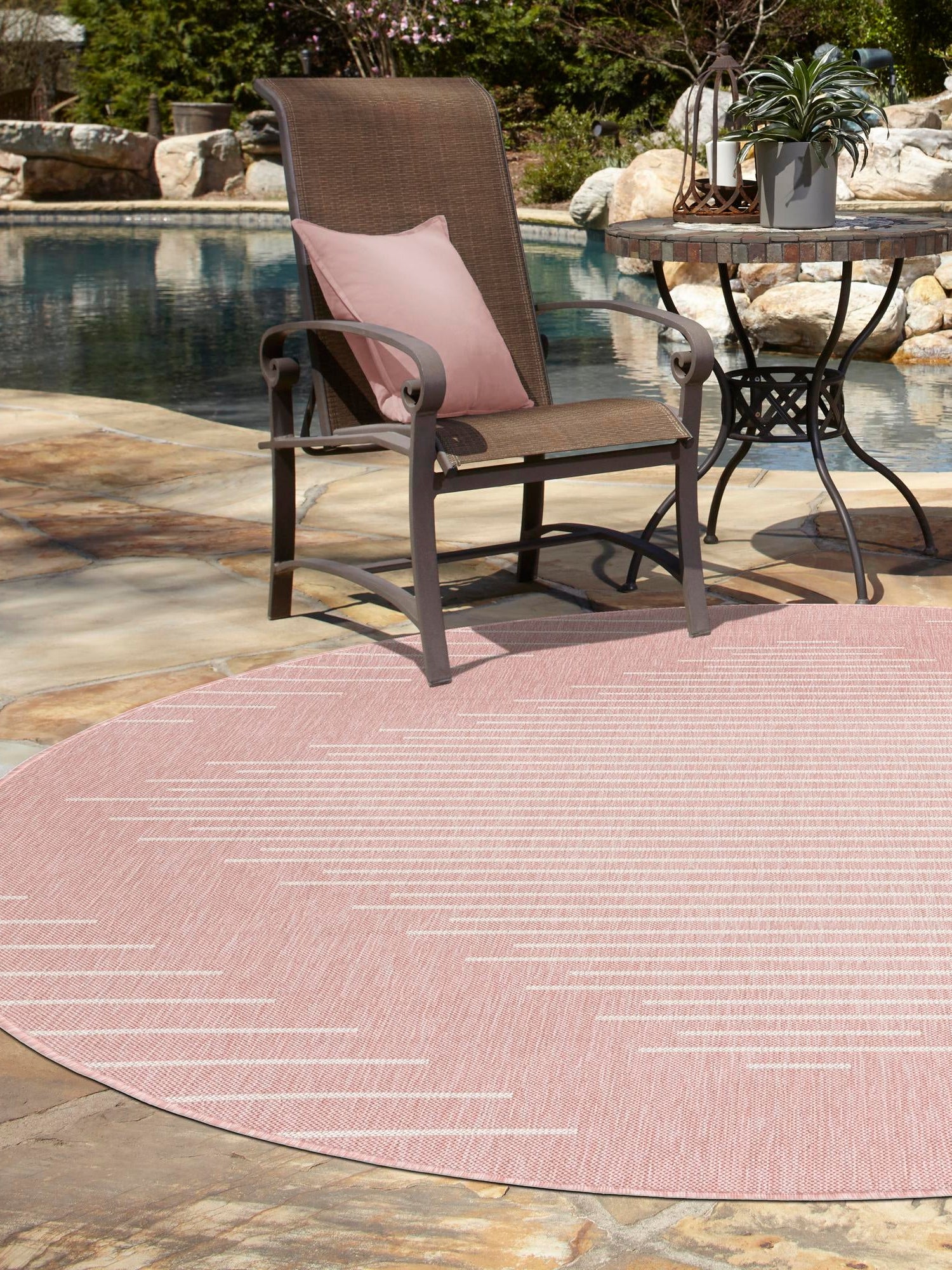 Pink 4' 1 x 4' 1 Outdoor Modern Round Area Rug Weather Resistant for Patio, Deck, Terrace, Balcony, Porch 100% Polypropylene Modern Outside Carpet for Sale at Rug Engine