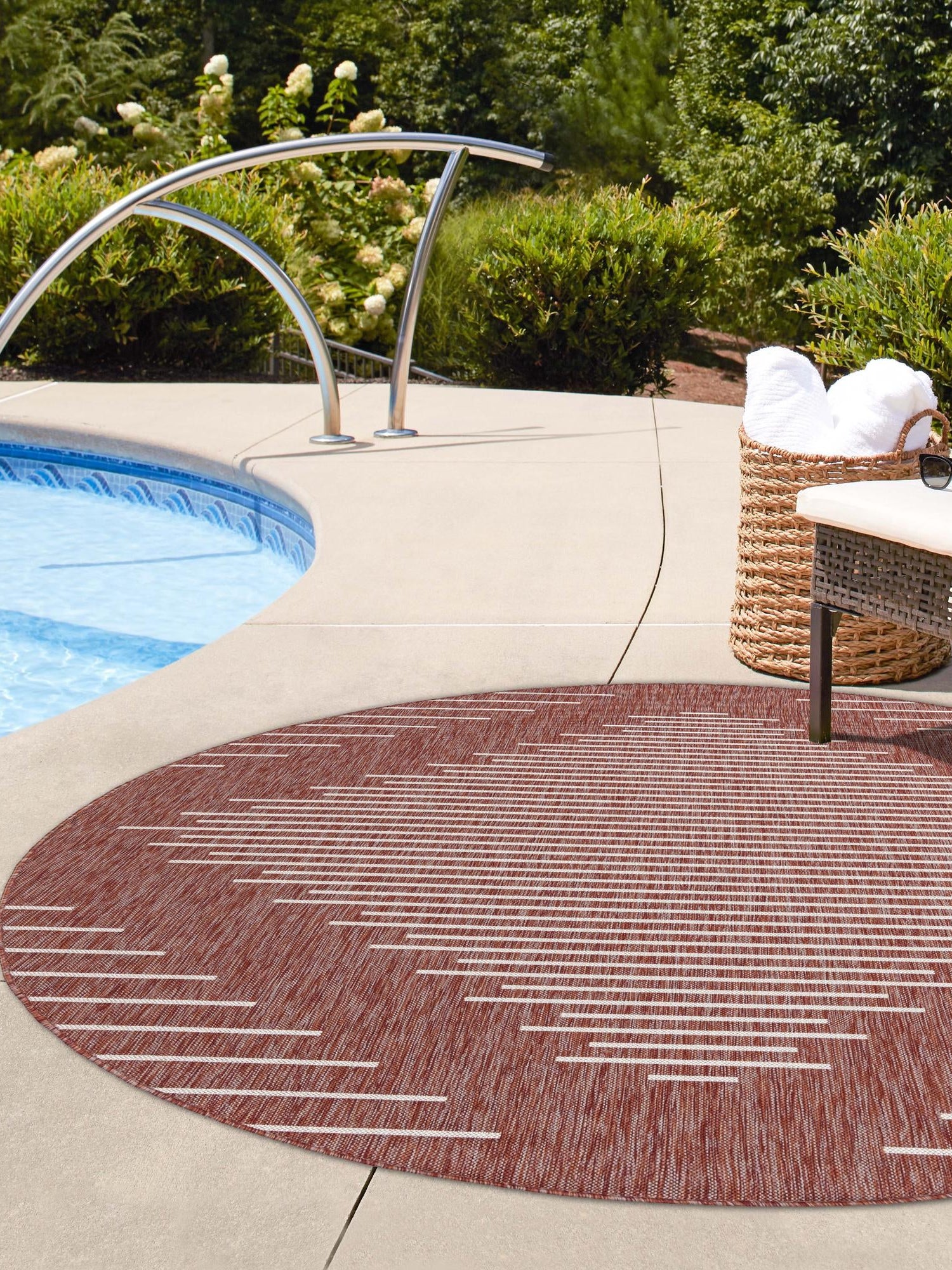 Rust Red 4' 1 x 4' 1 Outdoor Modern Round Area Rug Weather Resistant for Patio, Deck, Terrace, Balcony, Porch 100% Polypropylene Modern Outside Carpet for Sale at Rug Engine