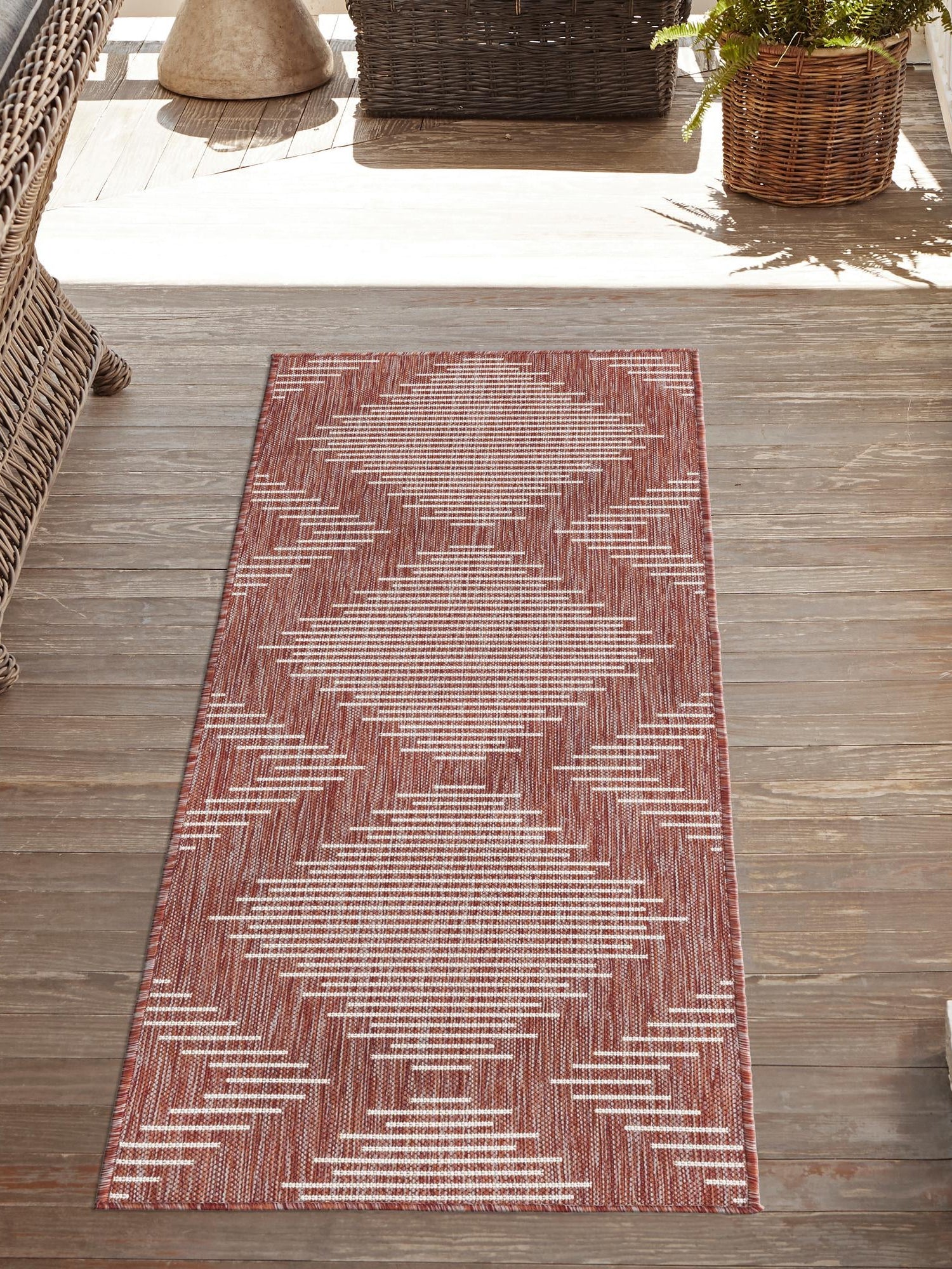Rust Red 2' 7 x 12' Outdoor Modern Runner Area Rug Weather Resistant for Patio, Deck, Terrace, Balcony, Porch 100% Polypropylene Modern Outside Carpet for Sale at Rug Engine