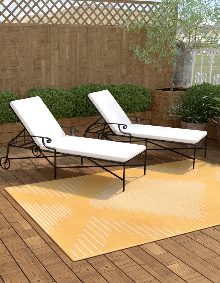 Yellow 5' 3 x 8' Outdoor Modern Rectangle Area Rug Weather Resistant for Patio, Deck, Terrace, Balcony, Porch 100% Polypropylene Modern Outside Carpet for Sale at Rug Engine