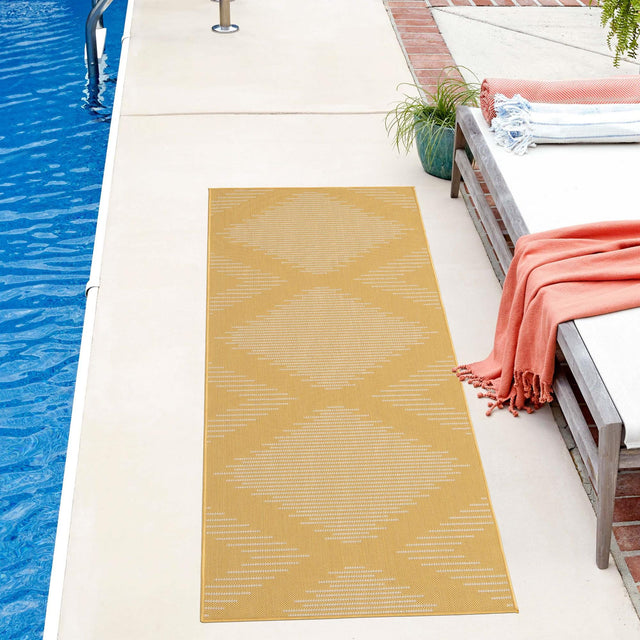 Yellow 2' x 6' 1 Outdoor Modern Runner Area Rug Weather Resistant for Patio, Deck, Terrace, Balcony, Porch 100% Polypropylene Modern Outside Carpet for Sale at Rug Engine