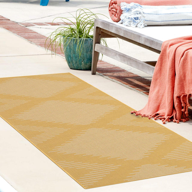Yellow 2' x 6' 1 Outdoor Modern Runner Area Rug Weather Resistant for Patio, Deck, Terrace, Balcony, Porch 100% Polypropylene Modern Outside Carpet for Sale at Rug Engine