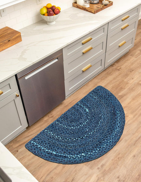 Blue 2' 2 x 3' 7 Braided Chindi Hearth Half-Round Semicircle Area Rug 100% Cotton Hand Braided Natural Eco-Friendly Boho Style Modern Carpet for Living Rooms Dining Office Dorm for Sale at Rug Engine