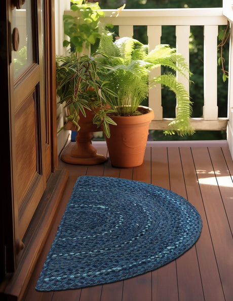 Blue 2' 2 x 3' 7 Braided Chindi Hearth Half-Round Semicircle Area Rug 100% Cotton Hand Braided Natural Eco-Friendly Boho Style Modern Carpet for Living Rooms Dining Office Dorm for Sale at Rug Engine