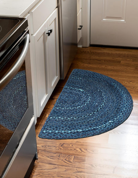 Blue 2' 2 x 3' 7 Braided Chindi Hearth Half-Round Semicircle Area Rug 100% Cotton Hand Braided Natural Eco-Friendly Boho Style Modern Carpet for Living Rooms Dining Office Dorm for Sale at Rug Engine