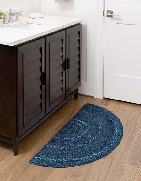 Blue 2' 2 x 3' 7 Braided Chindi Hearth Half-Round Semicircle Area Rug 100% Cotton Hand Braided Natural Eco-Friendly Boho Style Modern Carpet for Living Rooms Dining Office Dorm for Sale at Rug Engine