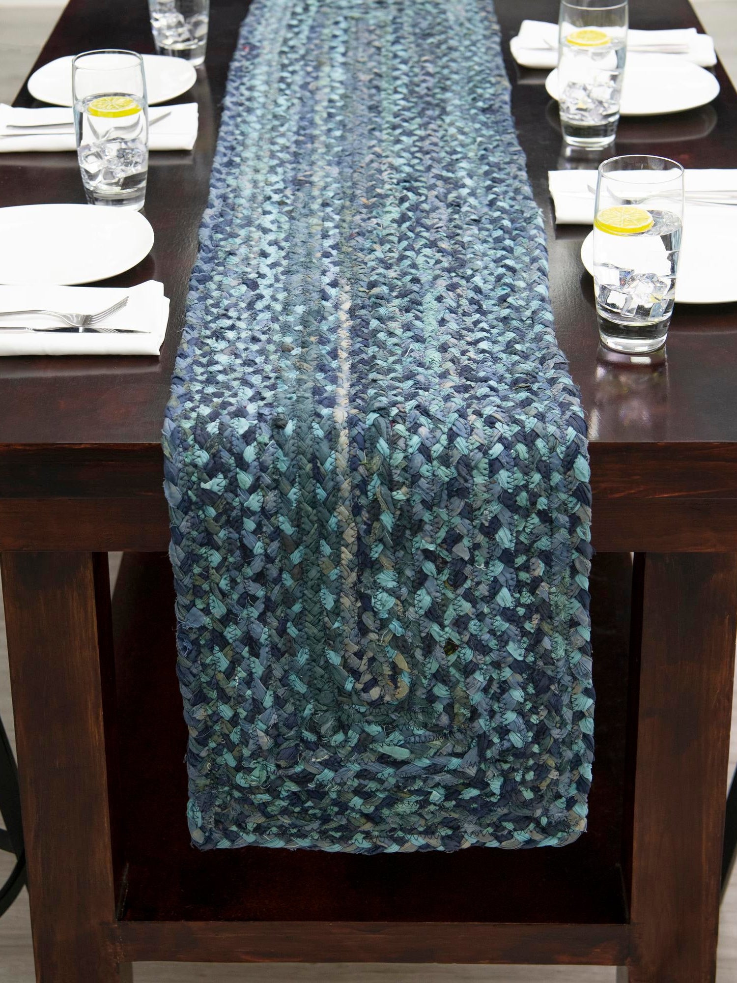Blue 1' 2 x 10' Braided Chindi Table Runner Area Rug Decorative Dining Room Kitchen All Natural Material Table Cover 100% Cotton Hand Braided Natural Eco-Friendly Boho Style Modern Carpet for Living Rooms Dining Office Dorm for Sale at Rug Engine