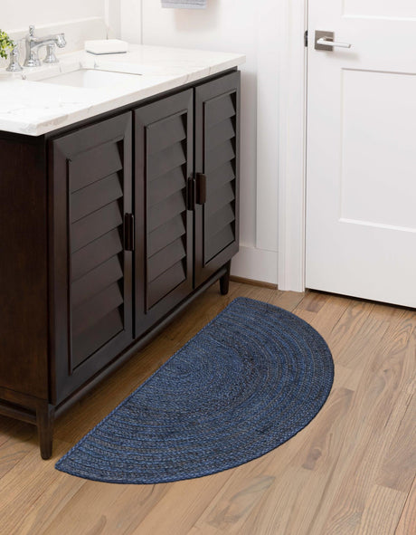 Navy Blue 2' 2 x 3' 7 Braided Jute Hearth Half-Round Semicircle Area Rug 100% Jute Hand Braided Natural Eco-Friendly Boho Style Carpet for Living Rooms Dining Office Space Dorms for Sale at Rug Engine