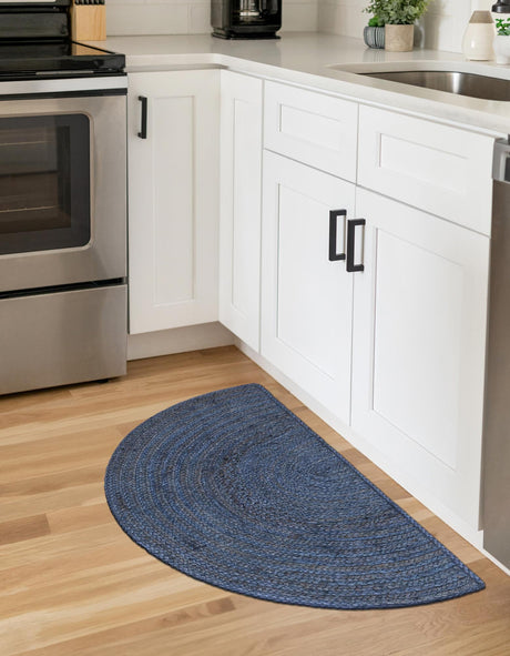 Navy Blue 2' 2 x 3' 7 Braided Jute Hearth Half-Round Semicircle Area Rug 100% Jute Hand Braided Natural Eco-Friendly Boho Style Carpet for Living Rooms Dining Office Space Dorms for Sale at Rug Engine