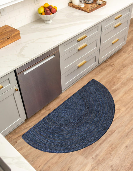 Navy Blue 2' 2 x 3' 7 Braided Jute Hearth Half-Round Semicircle Area Rug 100% Jute Hand Braided Natural Eco-Friendly Boho Style Carpet for Living Rooms Dining Office Space Dorms for Sale at Rug Engine