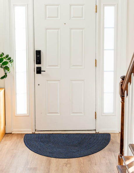 Navy Blue 2' 2 x 3' 7 Braided Jute Hearth Half-Round Semicircle Area Rug 100% Jute Hand Braided Natural Eco-Friendly Boho Style Carpet for Living Rooms Dining Office Space Dorms for Sale at Rug Engine