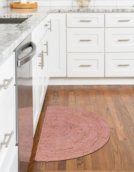 Light Pink 2' 2 x 3' 7 Braided Jute Hearth Half-Round Semicircle Area Rug 100% Jute Hand Braided Natural Eco-Friendly Boho Style Carpet for Living Rooms Dining Office Space Dorms for Sale at Rug Engine