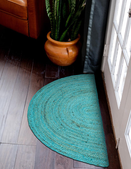 Turquoise 2' 2 x 3' 7 Braided Jute Hearth Half-Round Semicircle Area Rug 100% Jute Hand Braided Natural Eco-Friendly Boho Style Carpet for Living Rooms Dining Office Space Dorms for Sale at Rug Engine