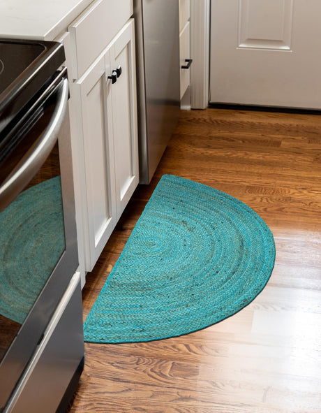 Turquoise 2' 2 x 3' 7 Braided Jute Hearth Half-Round Semicircle Area Rug 100% Jute Hand Braided Natural Eco-Friendly Boho Style Carpet for Living Rooms Dining Office Space Dorms for Sale at Rug Engine