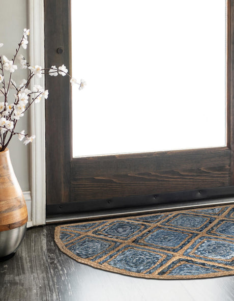 Blue 2' 2 x 3' 7 Braided Jute Hearth Half-Round Semicircle Area Rug 100% Jute Hand Braided Natural Eco-Friendly Boho Style Carpet for Living Rooms Dining Office Space Dorms for Sale at Rug Engine