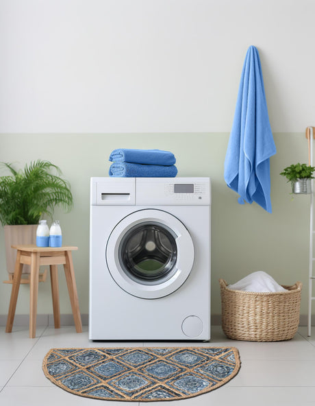 Blue 2' 2 x 3' 7 Braided Jute Hearth Half-Round Semicircle Area Rug 100% Jute Hand Braided Natural Eco-Friendly Boho Style Carpet for Living Rooms Dining Office Space Dorms for Sale at Rug Engine