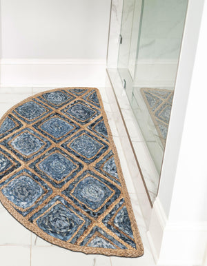 Blue 2' 2 x 4' Braided Jute Semicircle Hearth Rug