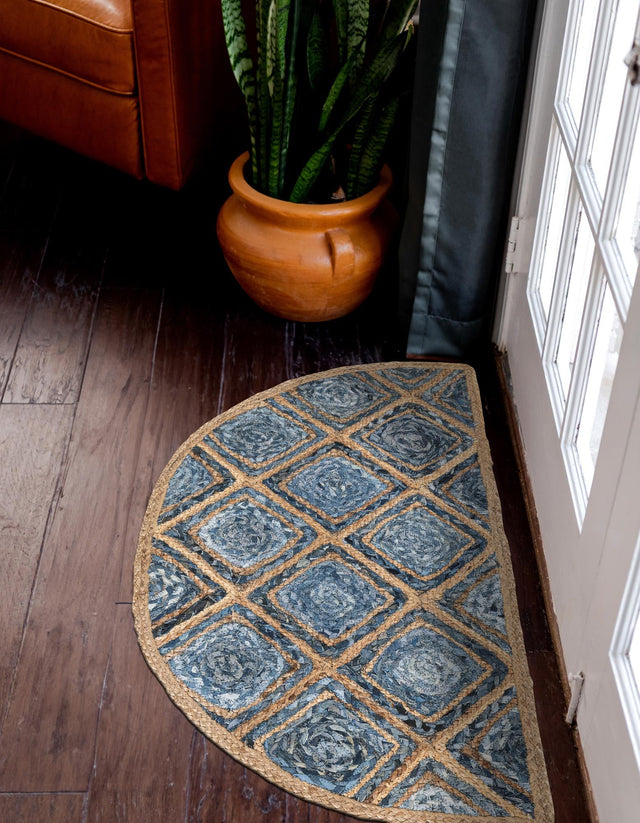 Blue 2' 2 x 4' Braided Jute Semicircle Hearth Rug