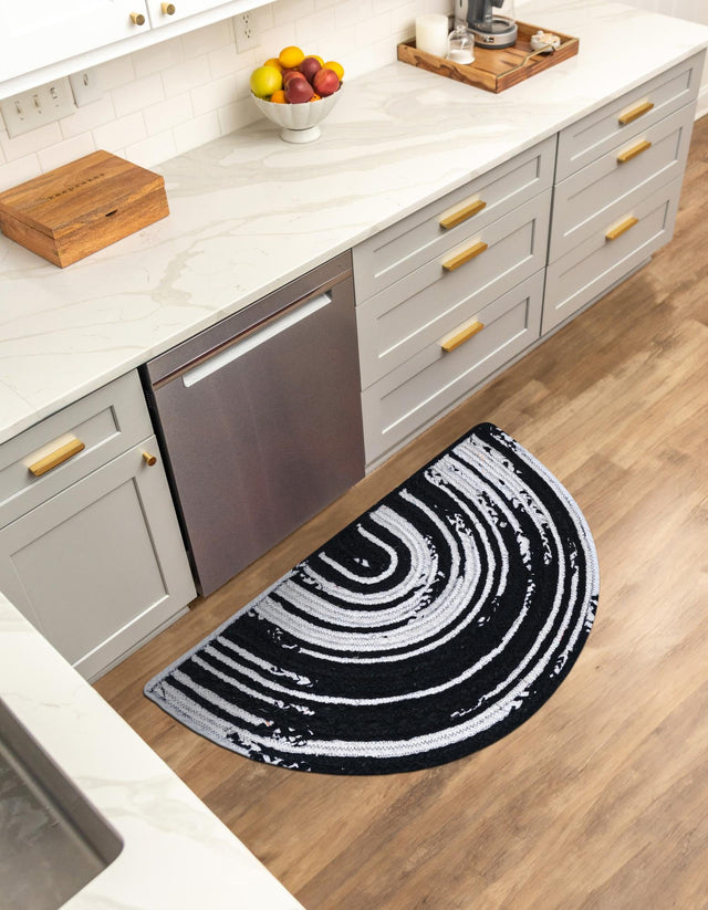 Black and White 2' 2 x 4' Braided Chindi Semicircle Hearth Rug