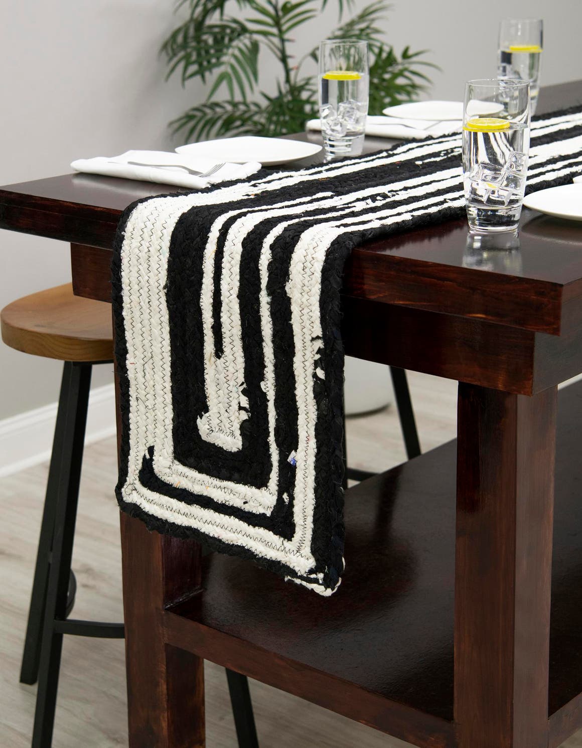 Black and White 1' 2 x 6' 1 Braided Chindi Table Runner Area Rug Decorative Dining Room Kitchen All Natural Material Table Cover 100% Cotton Hand Braided Natural Eco-Friendly Boho Style Modern Carpet for Living Rooms Dining Office Dorm for Sale at Rug Engine