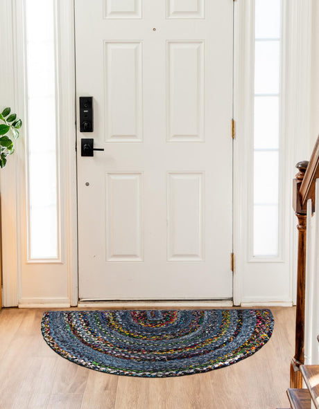 Blue and Multicolor 2' 2 x 4' Braided Chindi Semicircle Hearth Rug