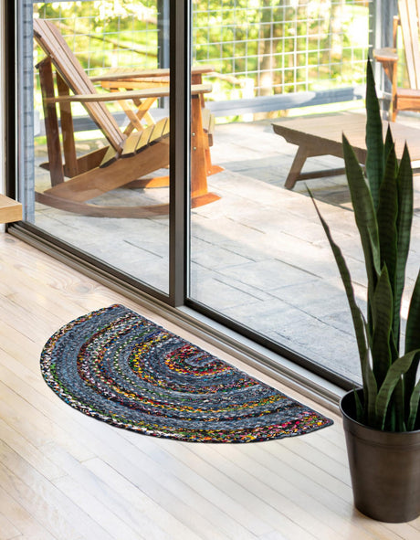 Blue and Multicolor 2' 2 x 3' 7 Braided Chindi Hearth Half-Round Semicircle Area Rug 100% Cotton Hand Braided Natural Eco-Friendly Boho Style Modern Carpet for Living Rooms Dining Office Dorm for Sale at Rug Engine