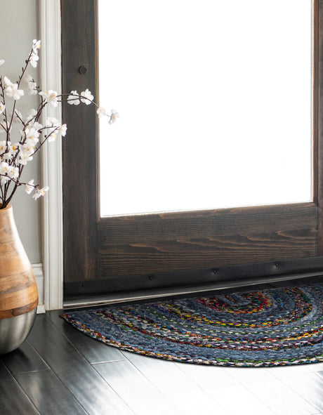 Blue and Multicolor 2' 2 x 3' 7 Braided Chindi Hearth Half-Round Semicircle Area Rug 100% Cotton Hand Braided Natural Eco-Friendly Boho Style Modern Carpet for Living Rooms Dining Office Dorm for Sale at Rug Engine