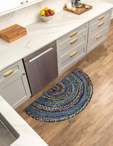 Blue and Multicolor 2' 2 x 3' 7 Braided Chindi Hearth Half-Round Semicircle Area Rug 100% Cotton Hand Braided Natural Eco-Friendly Boho Style Modern Carpet for Living Rooms Dining Office Dorm for Sale at Rug Engine