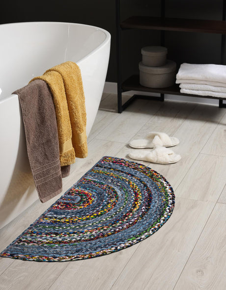 Blue and Multicolor 2' 2 x 3' 7 Braided Chindi Hearth Half-Round Semicircle Area Rug 100% Cotton Hand Braided Natural Eco-Friendly Boho Style Modern Carpet for Living Rooms Dining Office Dorm for Sale at Rug Engine