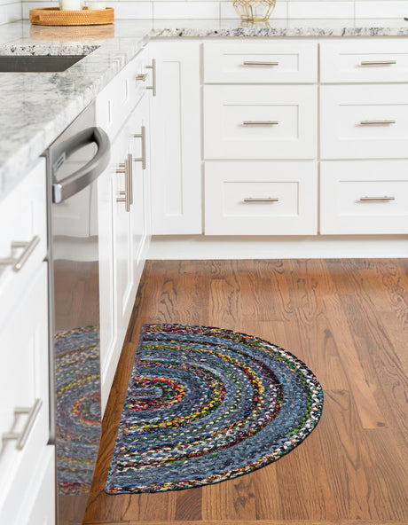 Blue and Multicolor 2' 2 x 3' 7 Braided Chindi Hearth Half-Round Semicircle Area Rug 100% Cotton Hand Braided Natural Eco-Friendly Boho Style Modern Carpet for Living Rooms Dining Office Dorm for Sale at Rug Engine