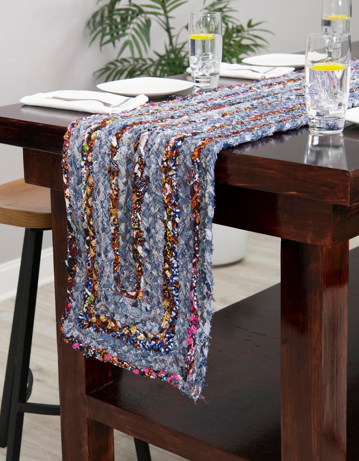 Blue and Multicolor 1' 2 x 8' Braided Chindi Table Runner Area Rug Decorative Dining Room Kitchen All Natural Material Table Cover 100% Cotton Hand Braided Natural Eco-Friendly Boho Style Modern Carpet for Living Rooms Dining Office Dorm for Sale at Rug Engine