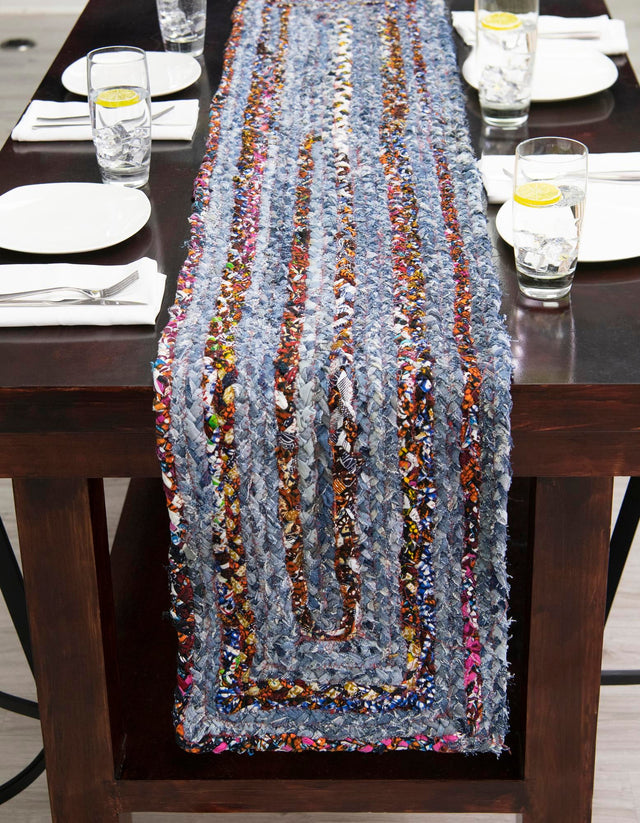 Blue and Multicolor 1' 2 x 8' Braided Chindi Table Runner