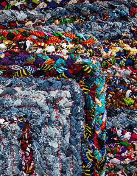 Blue and Multicolor 1' 2 x 8' Braided Chindi Table Runner Area Rug Decorative Dining Room Kitchen All Natural Material Table Cover 100% Cotton Hand Braided Natural Eco-Friendly Boho Style Modern Carpet for Living Rooms Dining Office Dorm for Sale at Rug Engine