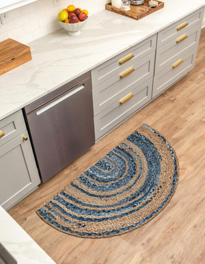 Blue and Natural 2' 2 x 4' Braided Chindi Semicircle Hearth Rug