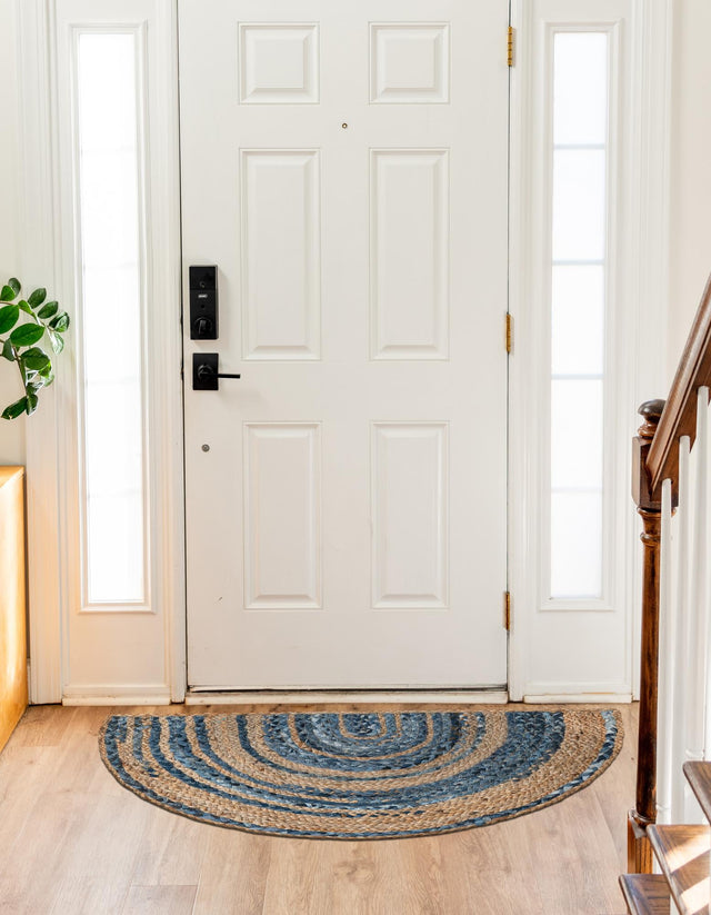 Blue and Natural 2' 2 x 4' Braided Chindi Semicircle Hearth Rug