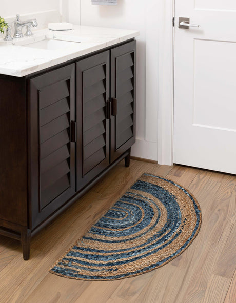 Blue and Natural 2' 2 x 3' 7 Braided Chindi Hearth Half-Round Semicircle Area Rug 100% Cotton Hand Braided Natural Eco-Friendly Boho Style Modern Carpet for Living Rooms Dining Office Dorm for Sale at Rug Engine