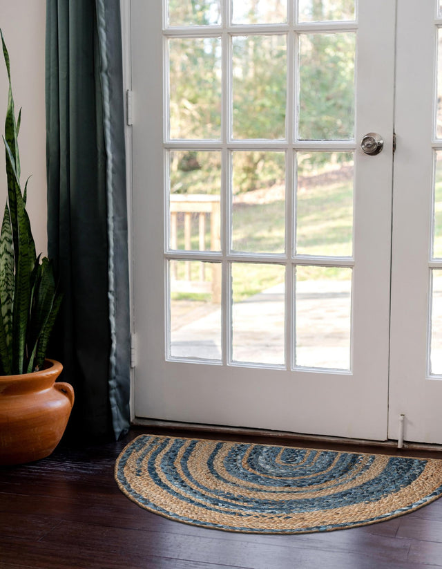 Blue and Natural 2' 2 x 4' Braided Chindi Semicircle Hearth Rug