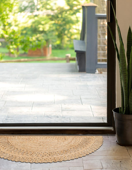 Natural 2' 2 x 3' 7 Braided Jute Hearth Half-Round Semicircle Area Rug 100% Jute Hand Braided Natural Eco-Friendly Boho Style Carpet for Living Rooms Dining Office Space Dorms for Sale at Rug Engine