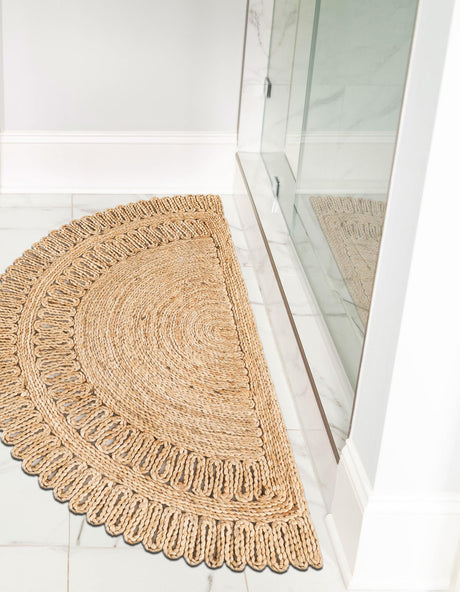 Natural 2' 2 x 3' 7 Braided Jute Hearth Half-Round Semicircle Area Rug 100% Jute Hand Braided Natural Eco-Friendly Boho Style Carpet for Living Rooms Dining Office Space Dorms for Sale at Rug Engine