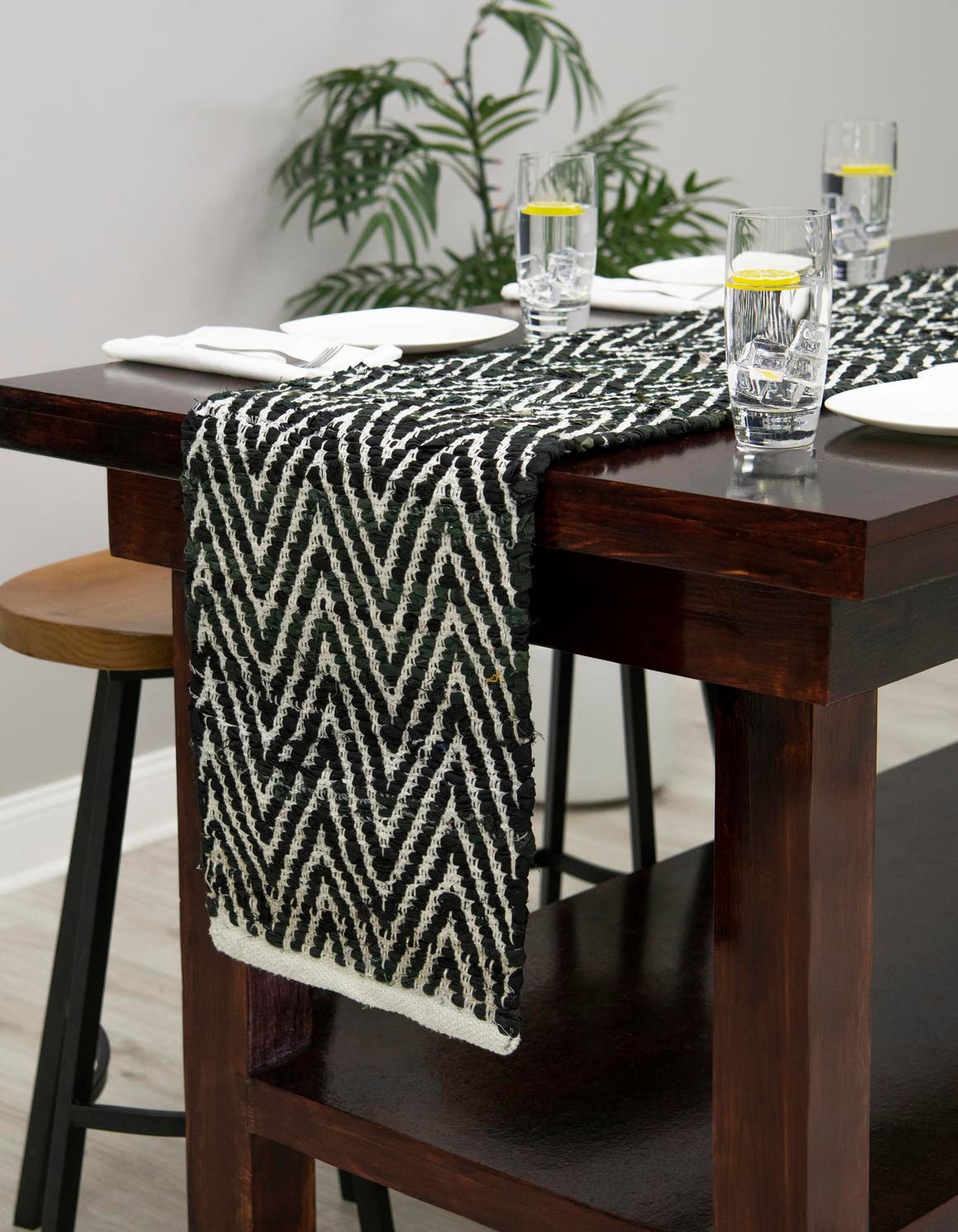 Black and White 1' 2 x 8' Chindi Chevron Table Runner Area Rug Decorative Dining Room Kitchen All Natural Material Table Cover 100% Denim Cotton All Natural Modern Geometric Carpet Dining Living Rooms Bathroom Dorm Decor for Sale at Rug Engine