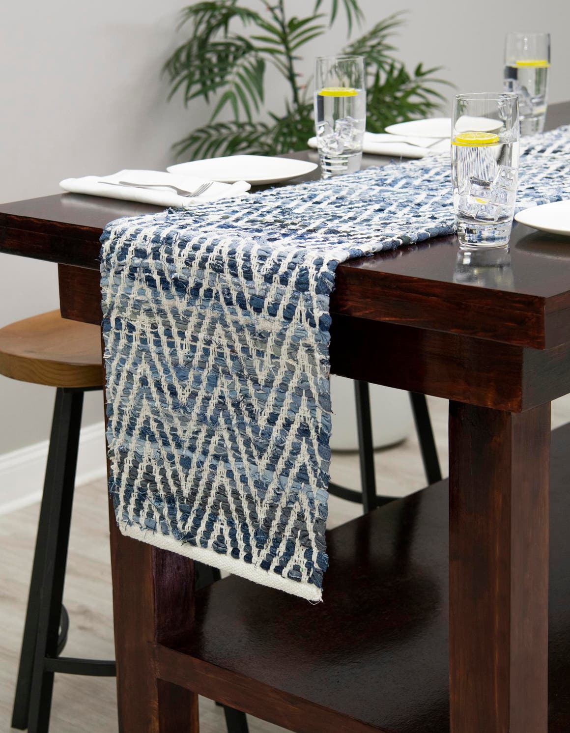 Denim 1' 2 x 8' Chindi Chevron Table Runner Area Rug Decorative Dining Room Kitchen All Natural Material Table Cover 100% Denim Cotton All Natural Modern Geometric Carpet Dining Living Rooms Bathroom Dorm Decor for Sale at Rug Engine
