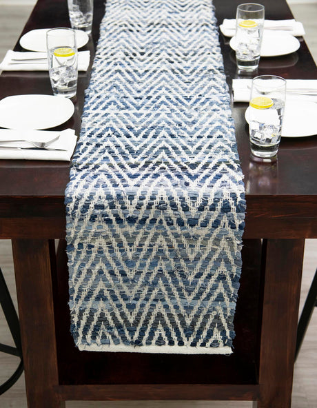 Denim 1' 2 x 5' 1 Chindi Chevron Table Runner Area Rug Decorative Dining Room Kitchen All Natural Material Table Cover 100% Denim Cotton All Natural Modern Geometric Carpet Dining Living Rooms Bathroom Dorm Decor for Sale at Rug Engine