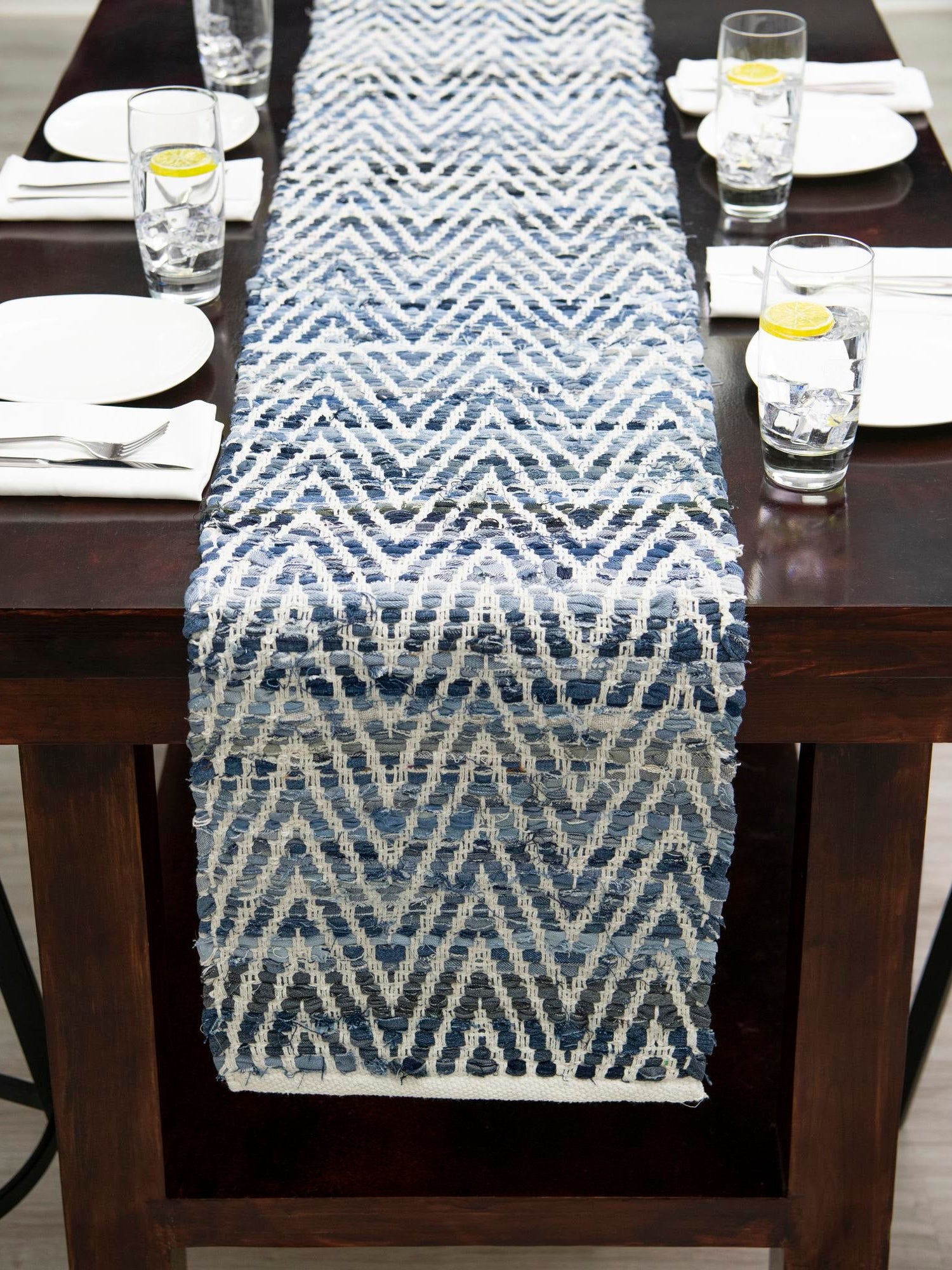 Denim 1' 2 x 8' Chindi Chevron Table Runner Area Rug Decorative Dining Room Kitchen All Natural Material Table Cover 100% Denim Cotton All Natural Modern Geometric Carpet Dining Living Rooms Bathroom Dorm Decor for Sale at Rug Engine