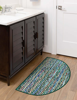 Green 2' 2 x 3' 7 Chindi Chevron Hearth Half-Round Semicircle Area Rug 100% Denim Cotton All Natural Modern Geometric Carpet Dining Living Rooms Bathroom Dorm Decor for Sale at Rug Engine