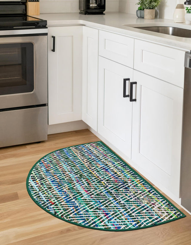 Green 2' 2 x 3' 7 Chindi Chevron Hearth Half-Round Semicircle Area Rug 100% Denim Cotton All Natural Modern Geometric Carpet Dining Living Rooms Bathroom Dorm Decor for Sale at Rug Engine