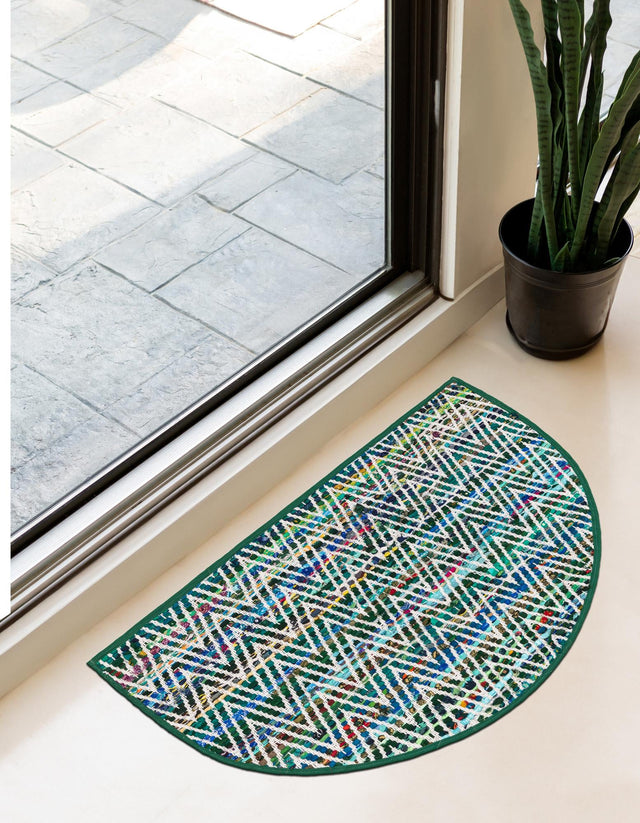 Green 2' 2 x 3' 7 Chindi Chevron Hearth Half-Round Semicircle Area Rug 100% Denim Cotton All Natural Modern Geometric Carpet Dining Living Rooms Bathroom Dorm Decor for Sale at Rug Engine