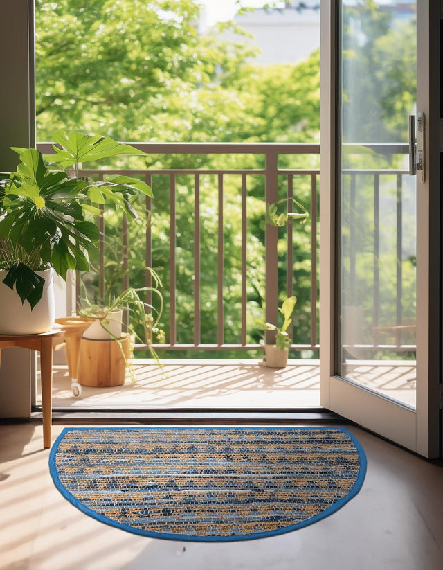 Navy Blue 2' 2 x 4' Chindi Jute Semicircle Hearth Rug