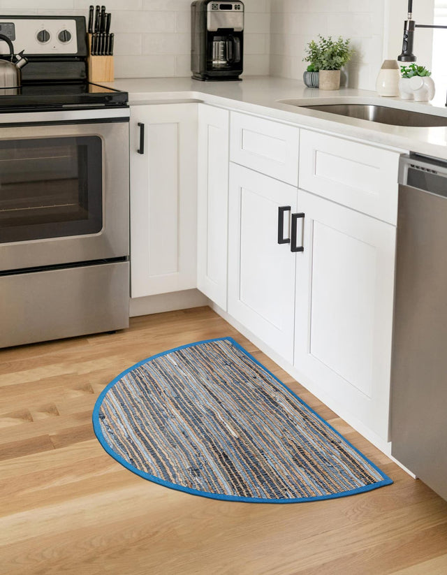 Blue 2' 2 x 4' Chindi Jute Semicircle Hearth Rug