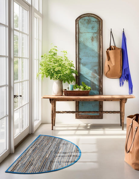 Blue 2' 2 x 3' 7 Chindi Jute Hearth Half-Round Semicircle Area Rug Interior Design Home Decor Carpet Mat for Sale at Rug Engine