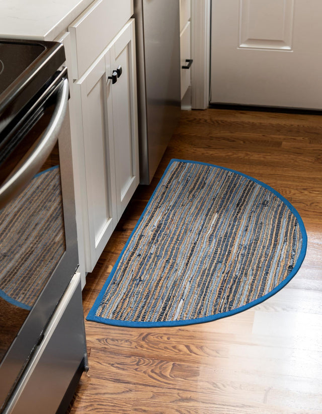 Blue 2' 2 x 4' Chindi Jute Semicircle Hearth Rug